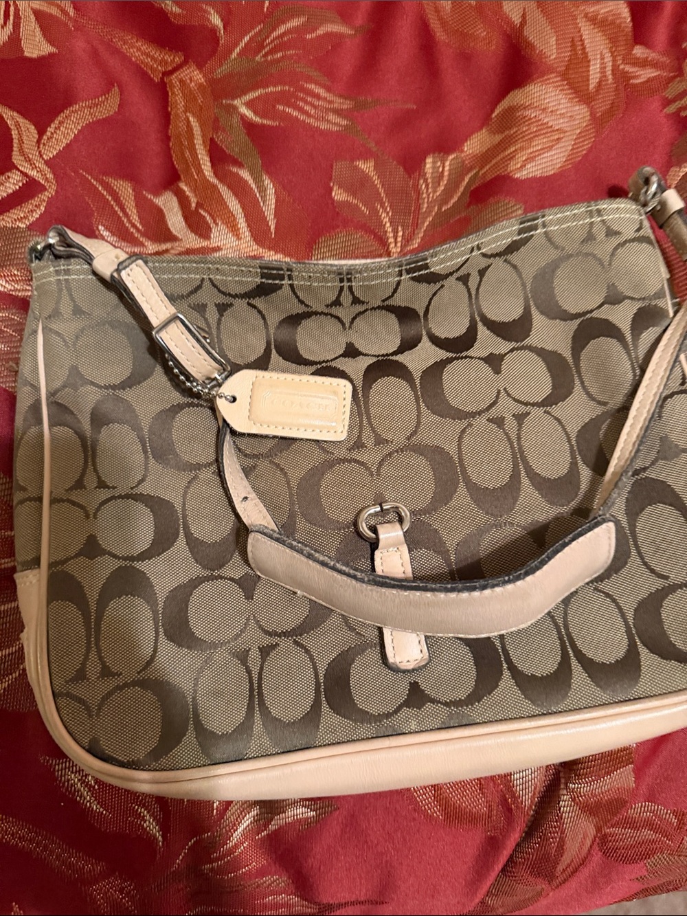Coach Signature Canvas Shoulder Bag in Khaki and Chalk Trim